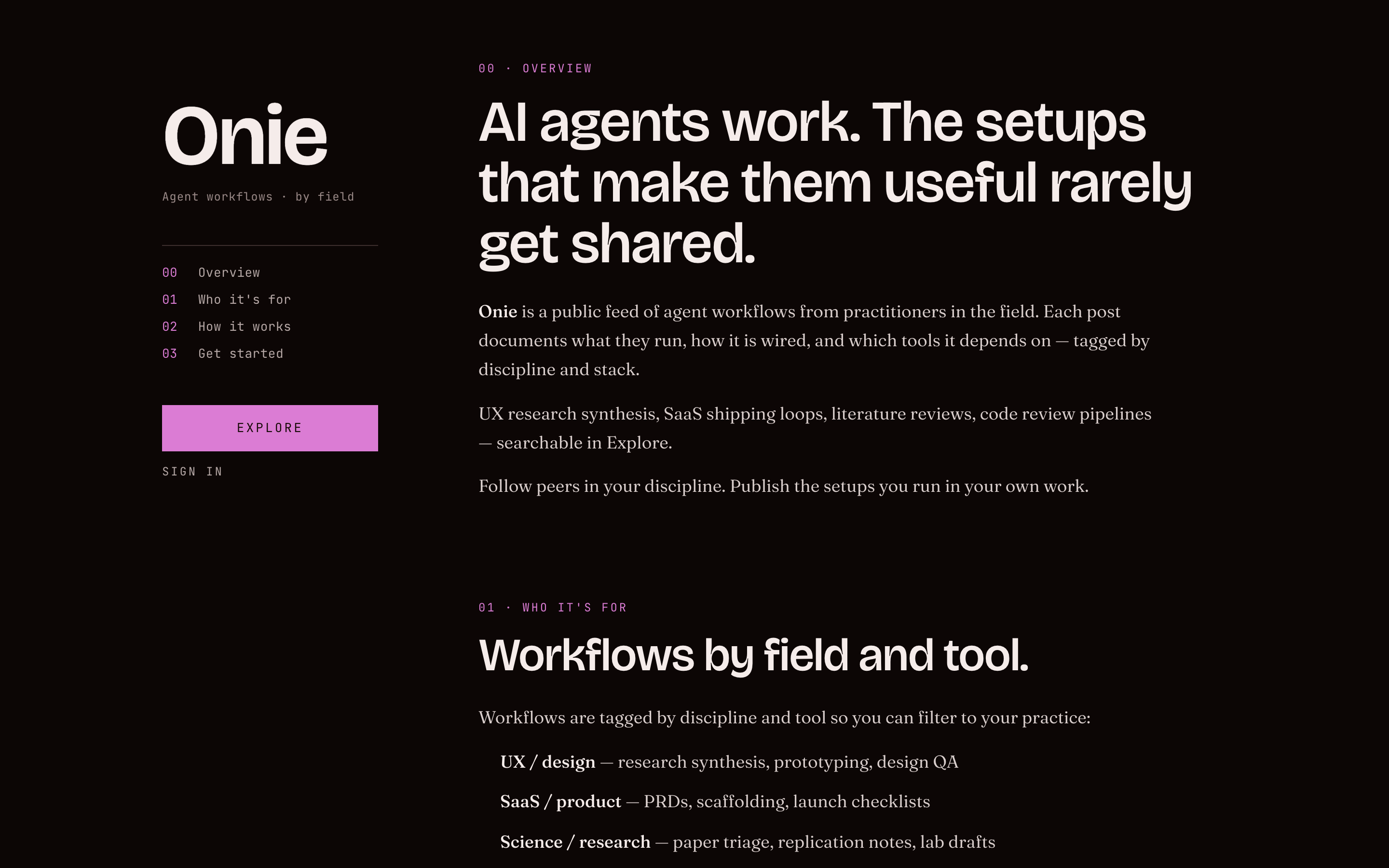 Onie website — a public feed of agent workflows from practitioners